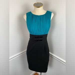 CALVIN KLEIN Black & Teal fitted high waist Sheath Dress